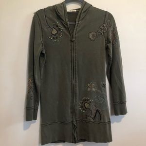 Vertigo Paris, Sage Green Embroidered Zip Up Hooded Jacket. Size Small.